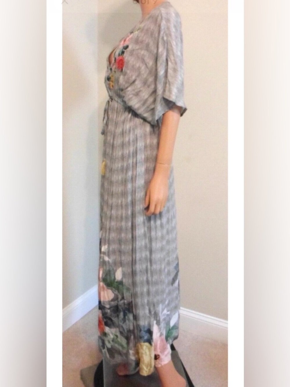 World Market Grey Embroidered Floral V-neck  Kimono L/XL CoverUp Maxi Dress - Picture 3 of 9